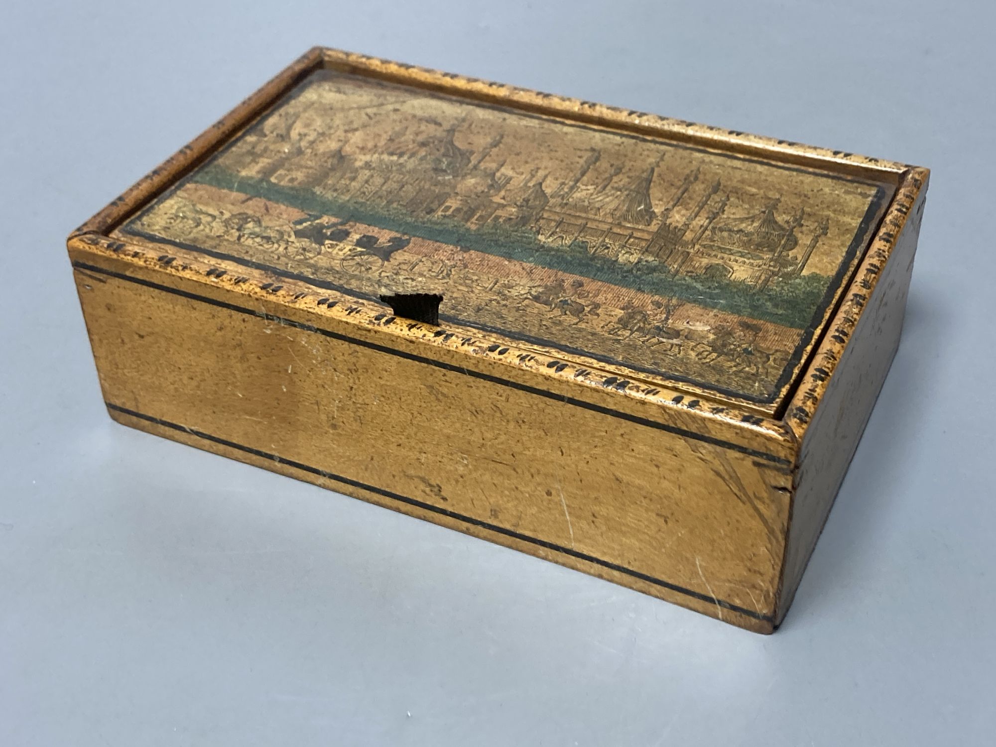 An early Tunbridge ware sycamore box with printed view of the East front of Brighton Pavilion, c.1810, 15cm